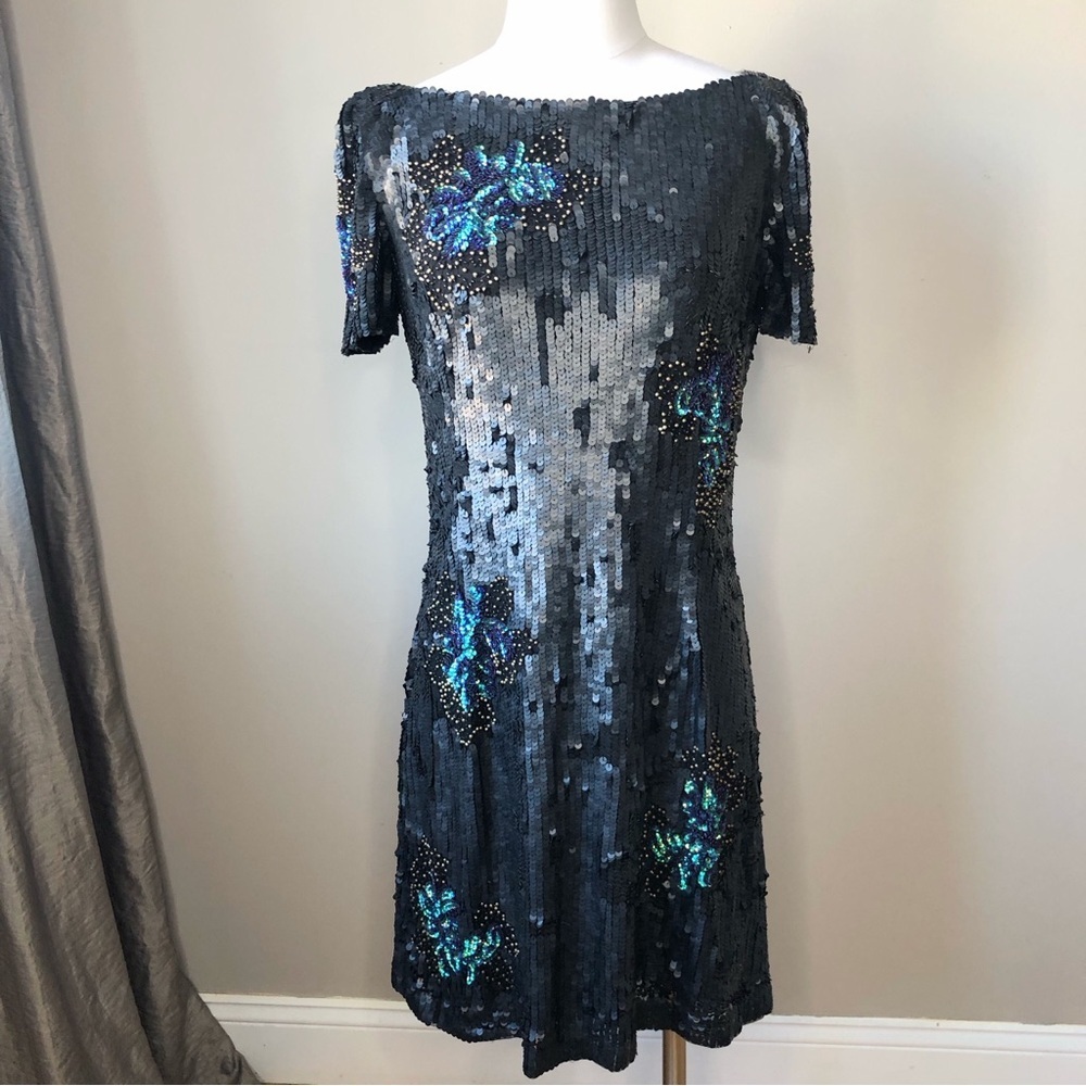 NWT French Connection Black & Blue Sequins Cocktail Dress 10